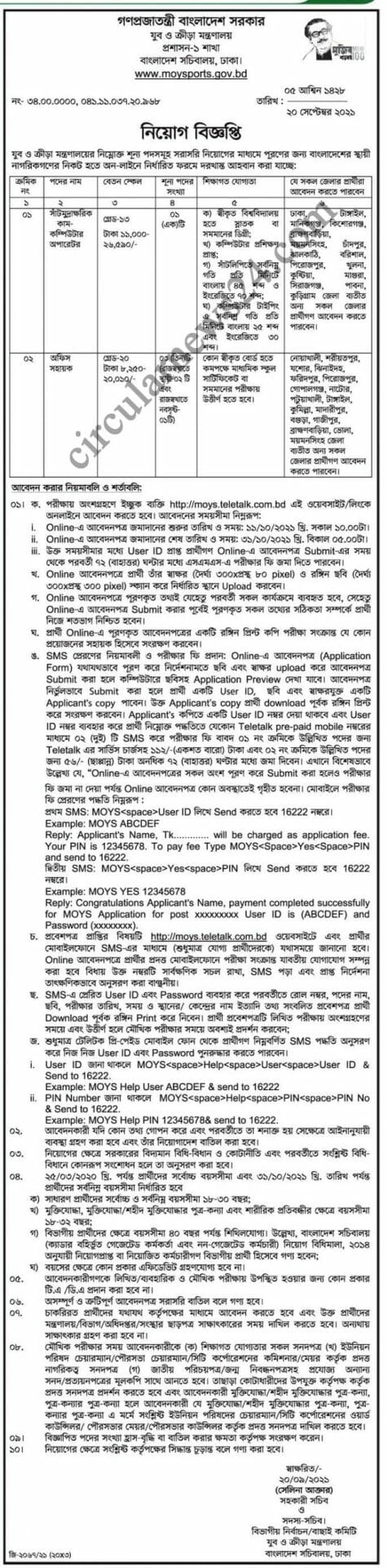 Ministry of youth and sports job circular 2021