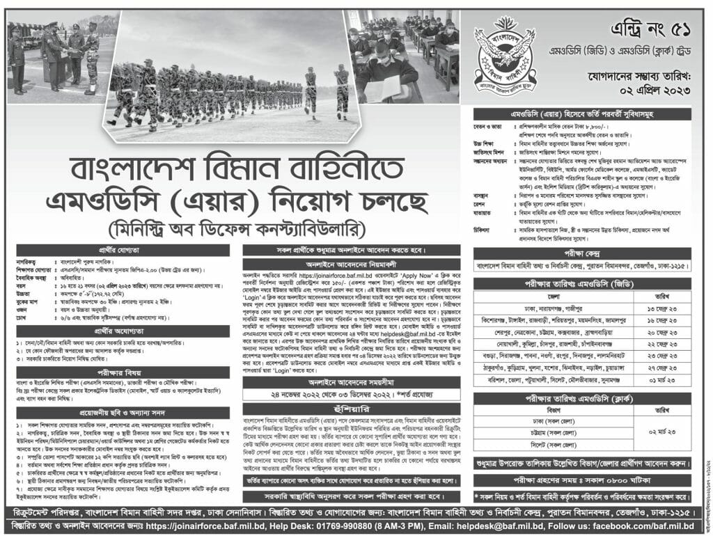 বাংলাদেশ বিমান বাহিনীতে নতুন নিয়োগ বিজ্ঞপ্তি ২০২২ - Bangladesh Air Force Job Circular 2022